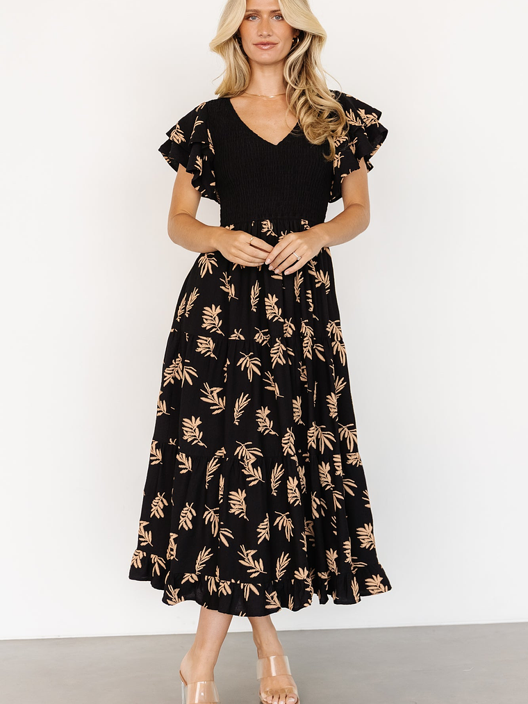 Estelle Smocked Midi Dress | Black + Tan Print 1