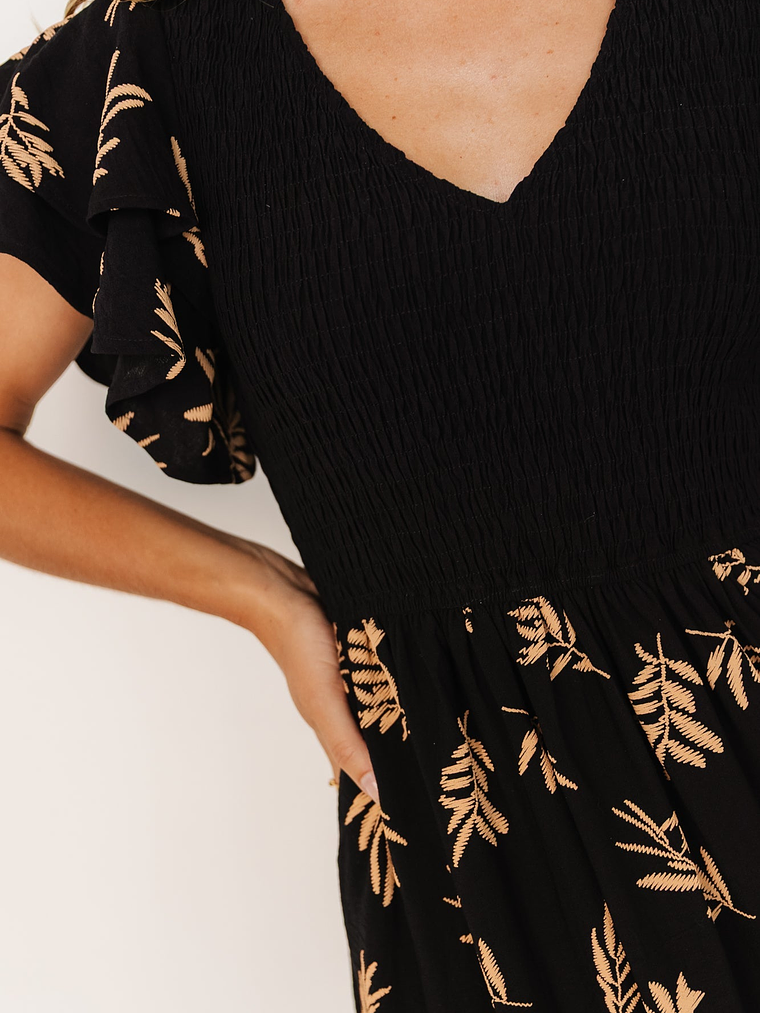 Estelle Smocked Midi Dress | Black + Tan Print 2