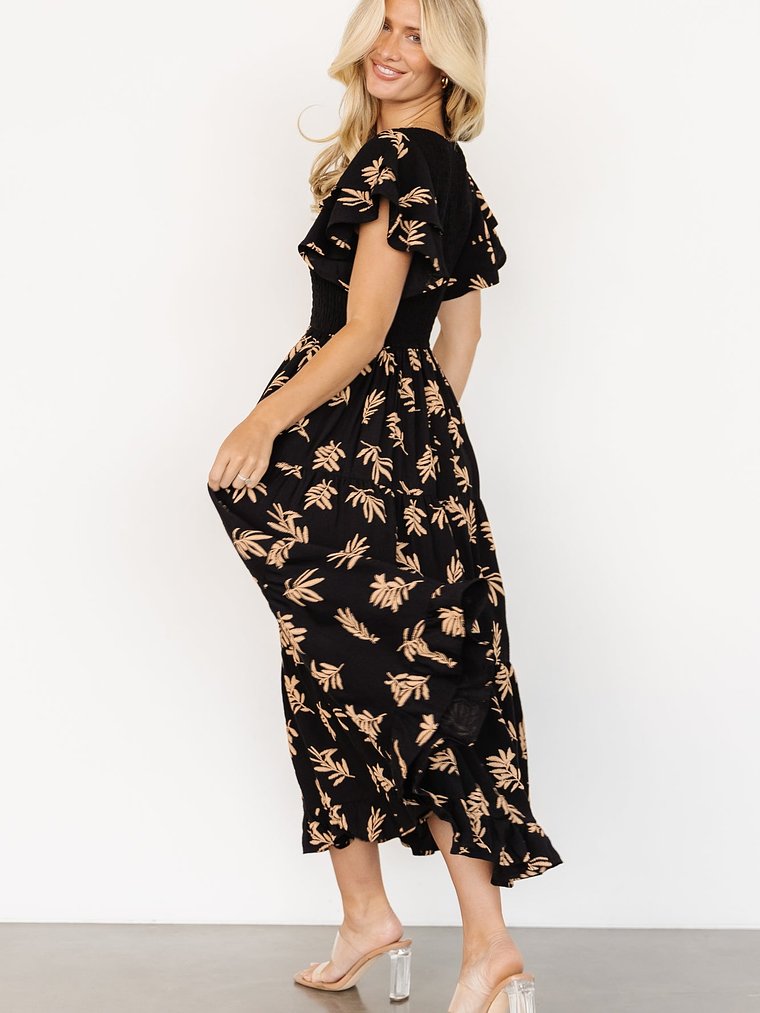Estelle Smocked Midi Dress | Black + Tan Print 3