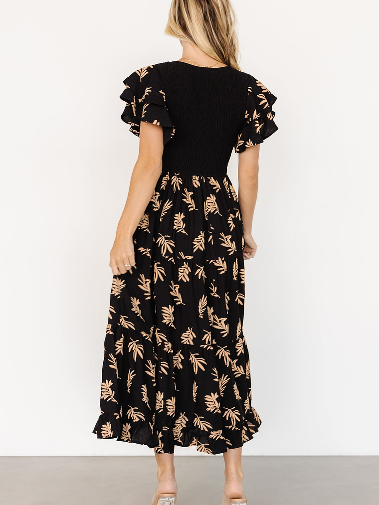 Estelle Smocked Midi Dress | Black + Tan Print 4