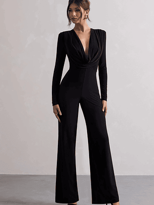 Elisha | Black Plunge-Neck Wide-Leg Jumpsuit