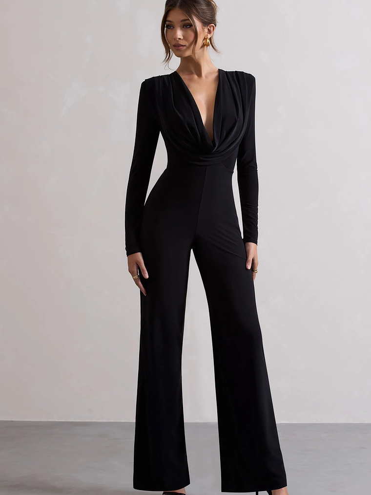 Elisha | Black Plunge-Neck Wide-Leg Jumpsuit 1