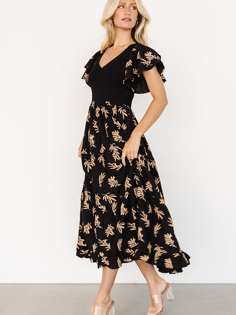 Estelle Smocked Midi Dress | Black + Tan Print 5