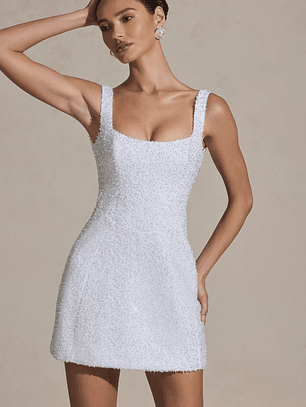 Embellished Structured A-Line Mini Dress in White