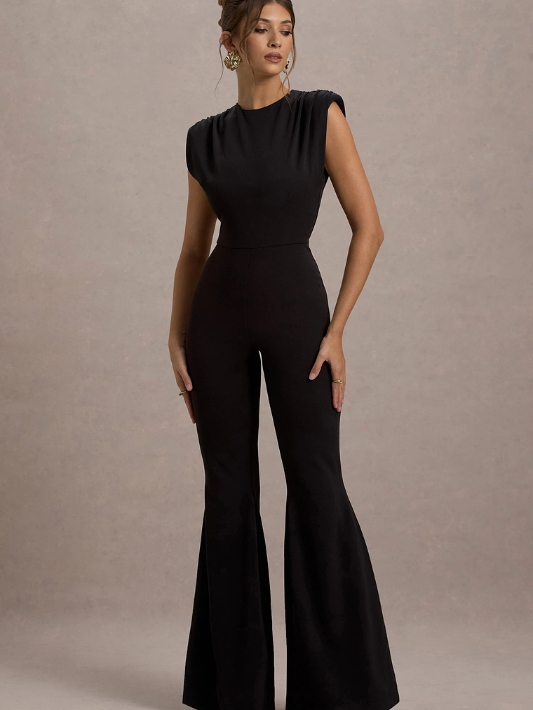 Elyna | Black High-Neck Draped Flared-Leg Jumpsuit 1