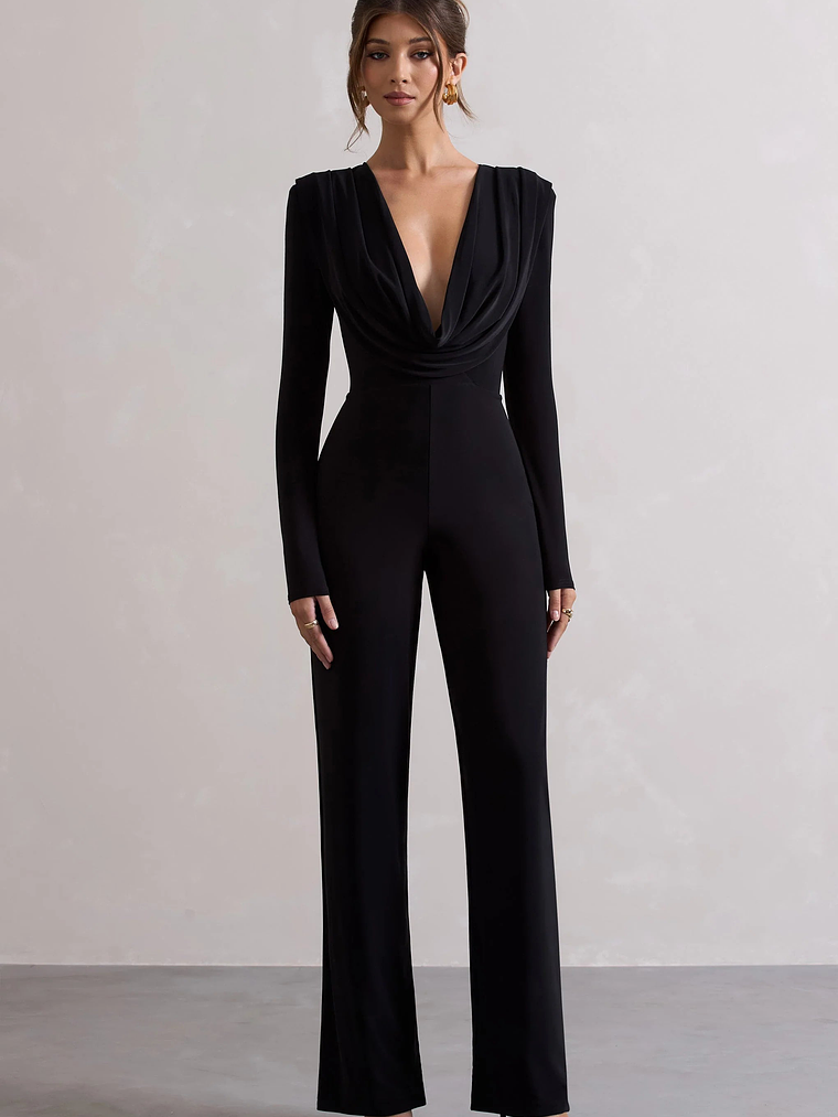 Elisha | Black Plunge-Neck Wide-Leg Jumpsuit 4