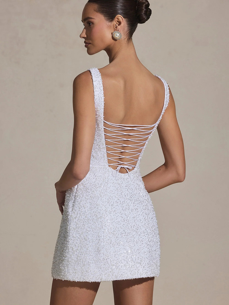 Embellished Structured A-Line Mini Dress in White 3