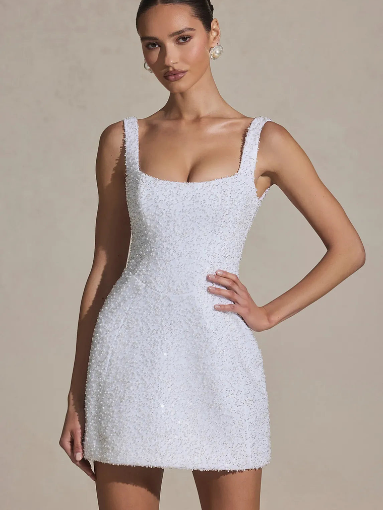 Embellished Structured A-Line Mini Dress in White 4