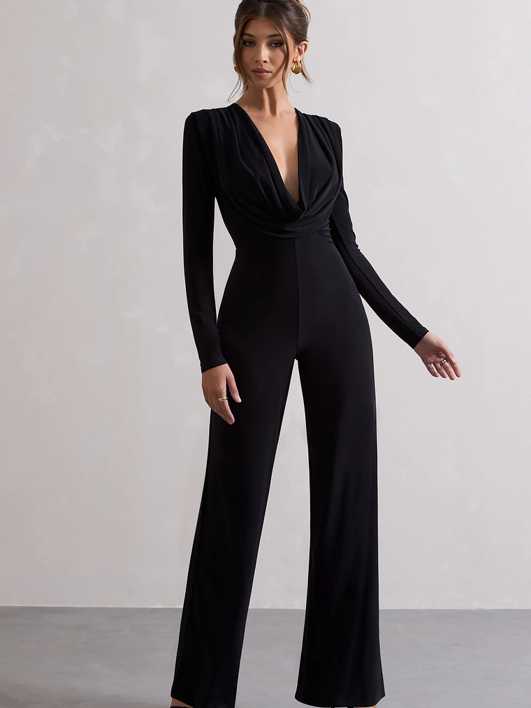 Elisha | Black Plunge-Neck Wide-Leg Jumpsuit 5