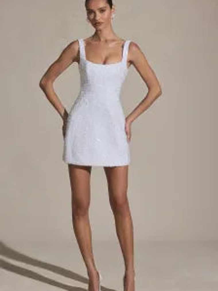 Embellished Structured A-Line Mini Dress in White 5