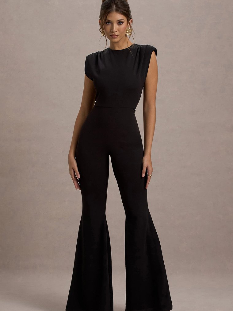Elyna | Black High-Neck Draped Flared-Leg Jumpsuit 5