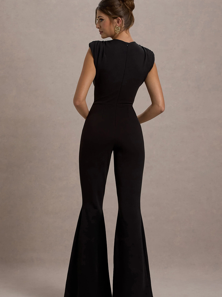 Elyna | Black High-Neck Draped Flared-Leg Jumpsuit 7