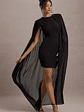 Elysium | Black Bodycon Mini Dress With Chiffon Cape - thumbnail 5