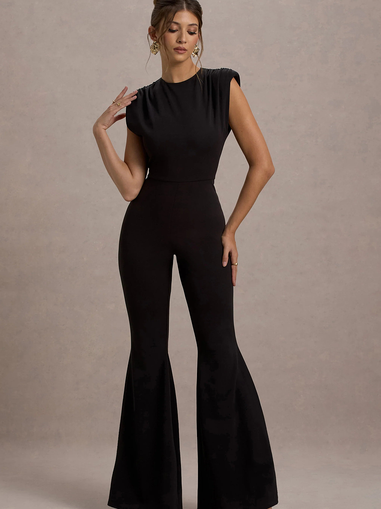 Elyna | Black High-Neck Draped Flared-Leg Jumpsuit 16