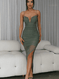 Good Vibes V-Bust Sheer Split Midi Dress Olive - thumbnail 1
