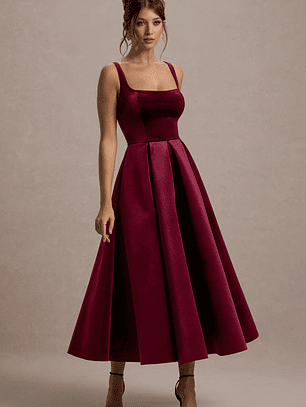 Francisca | Berry Velvet Strappy Volume-Hem Midi Dress