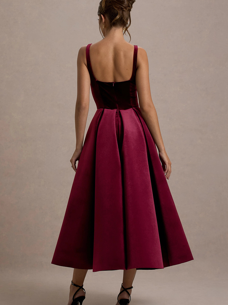 Francisca | Berry Velvet Strappy Volume-Hem Midi Dress 2