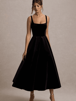 Francisca | Black Velvet Strappy Volume-Hem Midi Dress