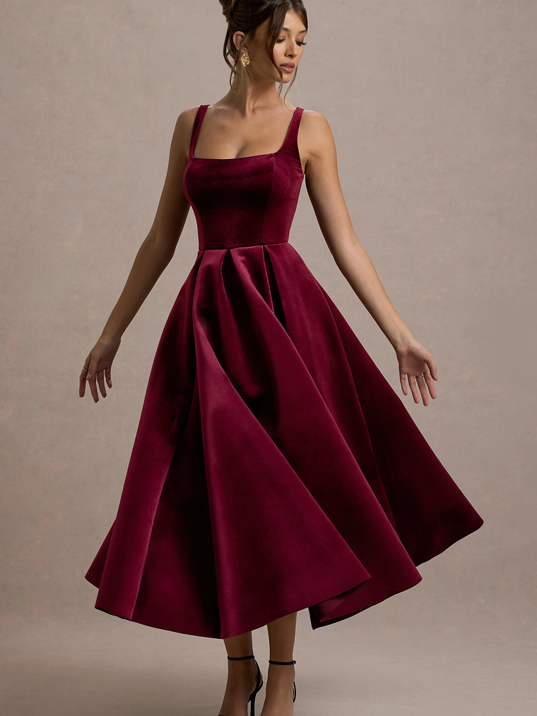 Francisca | Berry Velvet Strappy Volume-Hem Midi Dress 4