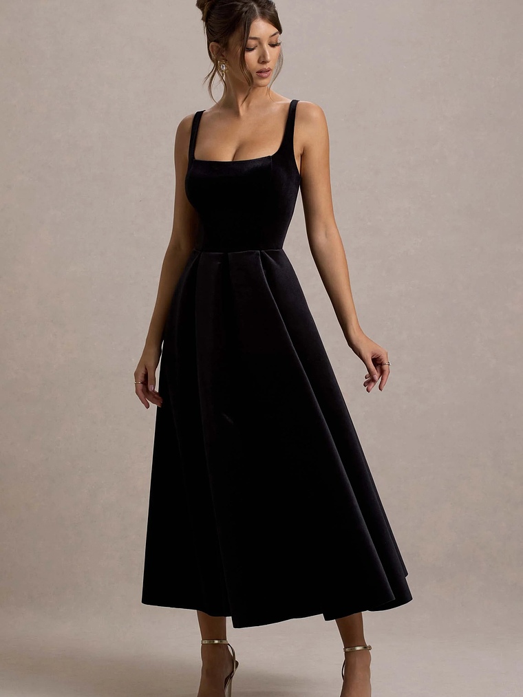 Francisca | Black Velvet Strappy Volume-Hem Midi Dress 4