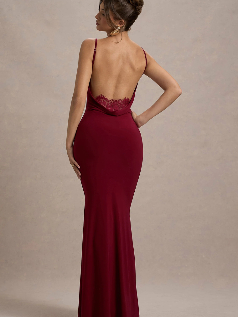 Francoise | Berry Cowl Neck Backless Maxi Dress With Lace Insert 1