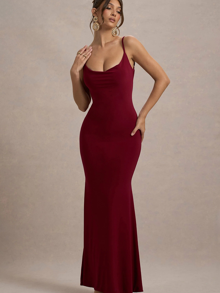 Francoise | Berry Cowl Neck Backless Maxi Dress With Lace Insert 2
