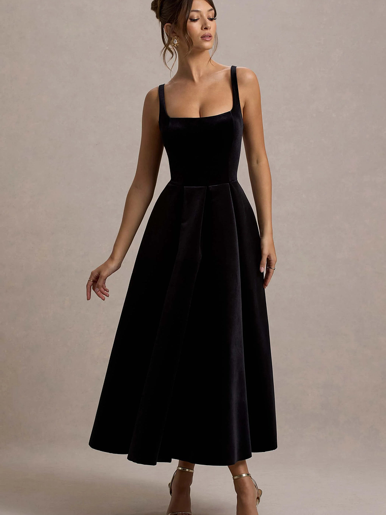 Francisca | Black Velvet Strappy Volume-Hem Midi Dress 5