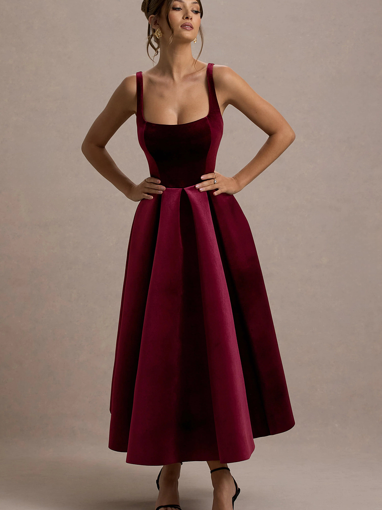 Francisca | Berry Velvet Strappy Volume-Hem Midi Dress 5