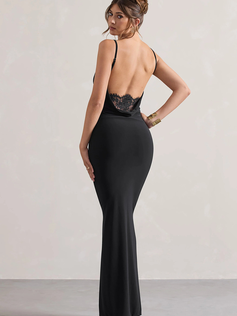 Francoise | Black Cowl Neck Backless Maxi Dress With Lace Insert 1