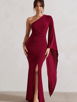 Giada | Berry Ruched One Shoulder Cape Sleeve Maxi Dress