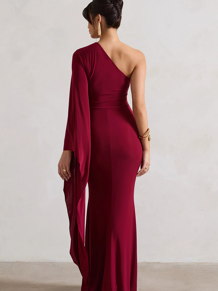 Giada | Berry Ruched One Shoulder Cape Sleeve Maxi Dress 2