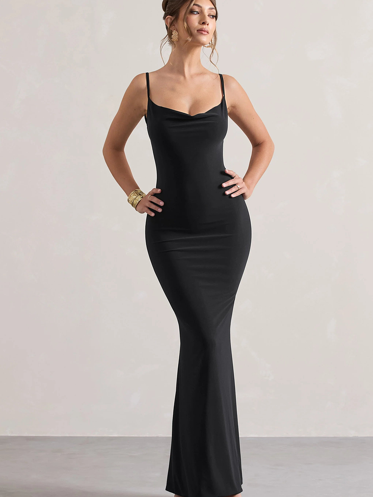 Francoise | Black Cowl Neck Backless Maxi Dress With Lace Insert 2