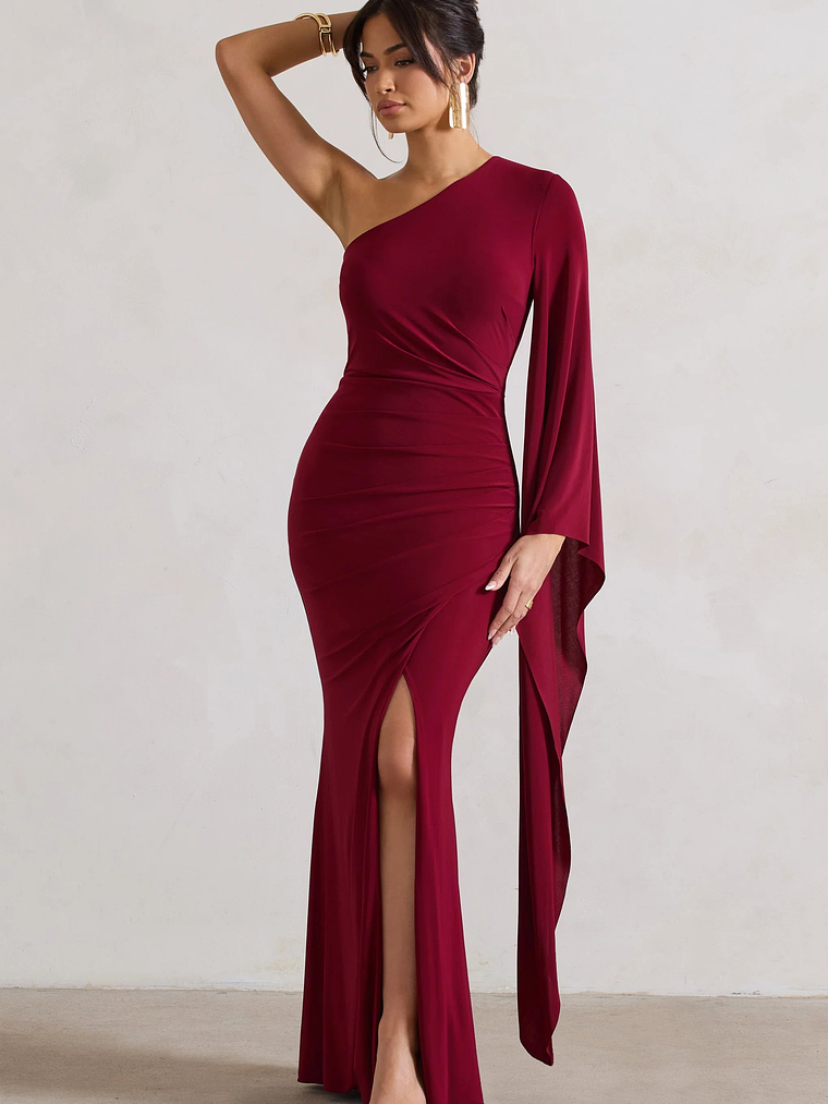 Giada | Berry Ruched One Shoulder Cape Sleeve Maxi Dress 4