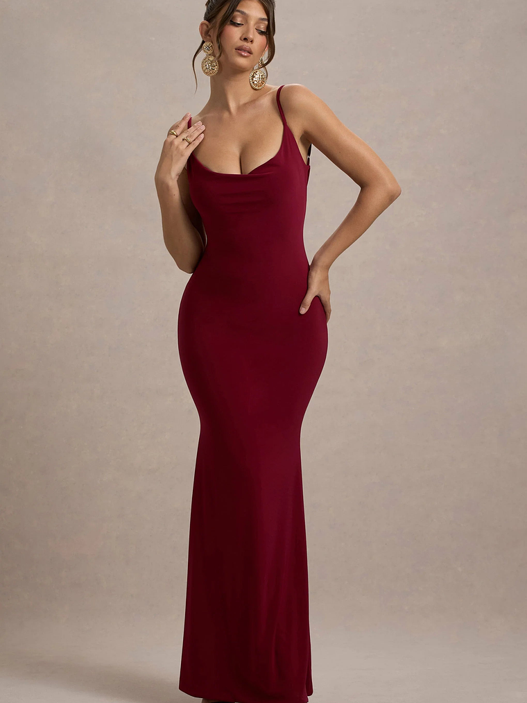 Francoise | Berry Cowl Neck Backless Maxi Dress With Lace Insert 7