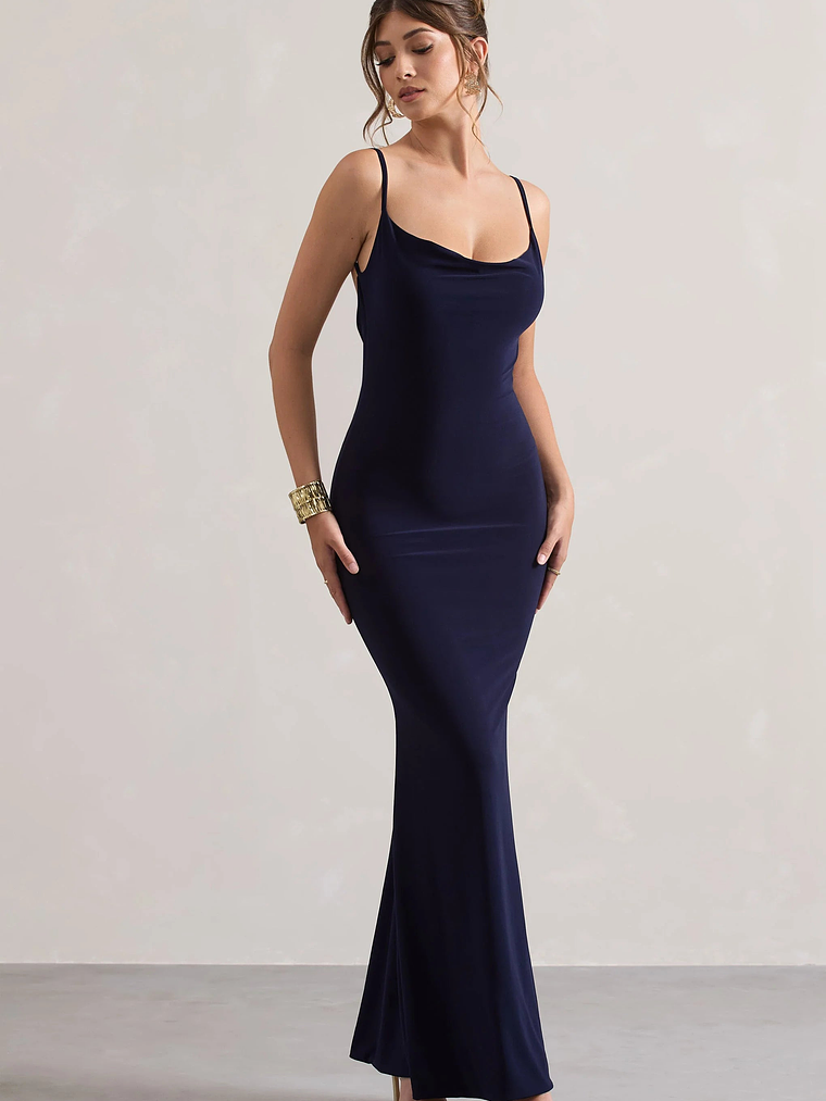 Francoise | Navy Cowl Neck Backless Maxi Dress With Lace Insert 2