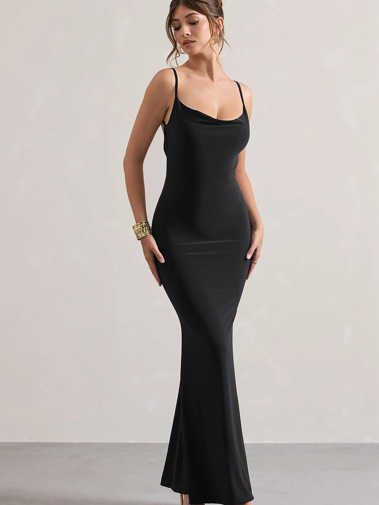 Francoise | Black Cowl Neck Backless Maxi Dress With Lace Insert 5