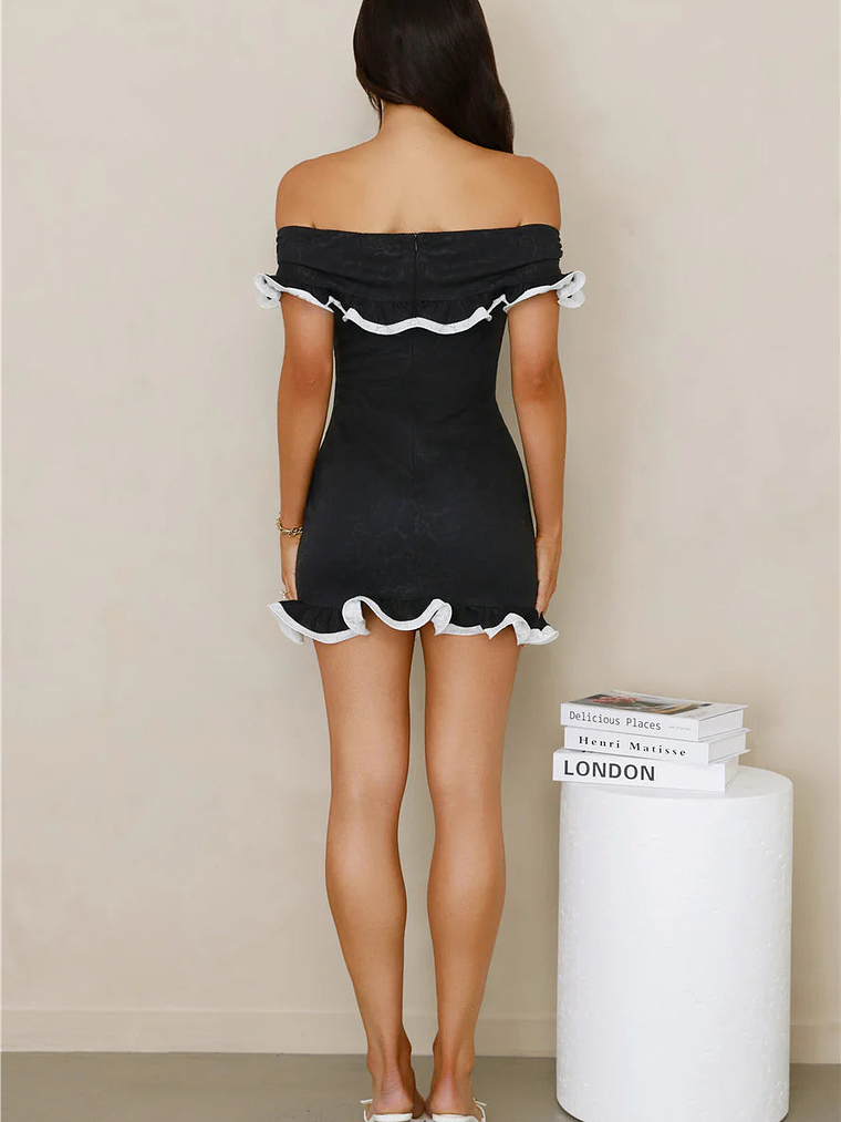 Glimmering Noir Off Shoulder Lace Mini Dress 2