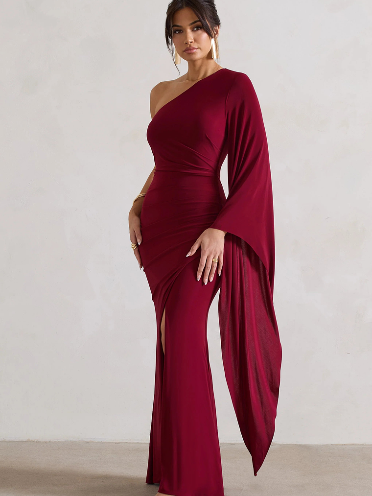 Giada | Berry Ruched One Shoulder Cape Sleeve Maxi Dress 5