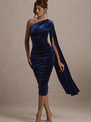 Gianna | Navy Velvet One Shoulder Cape Bodycon Midi Dress