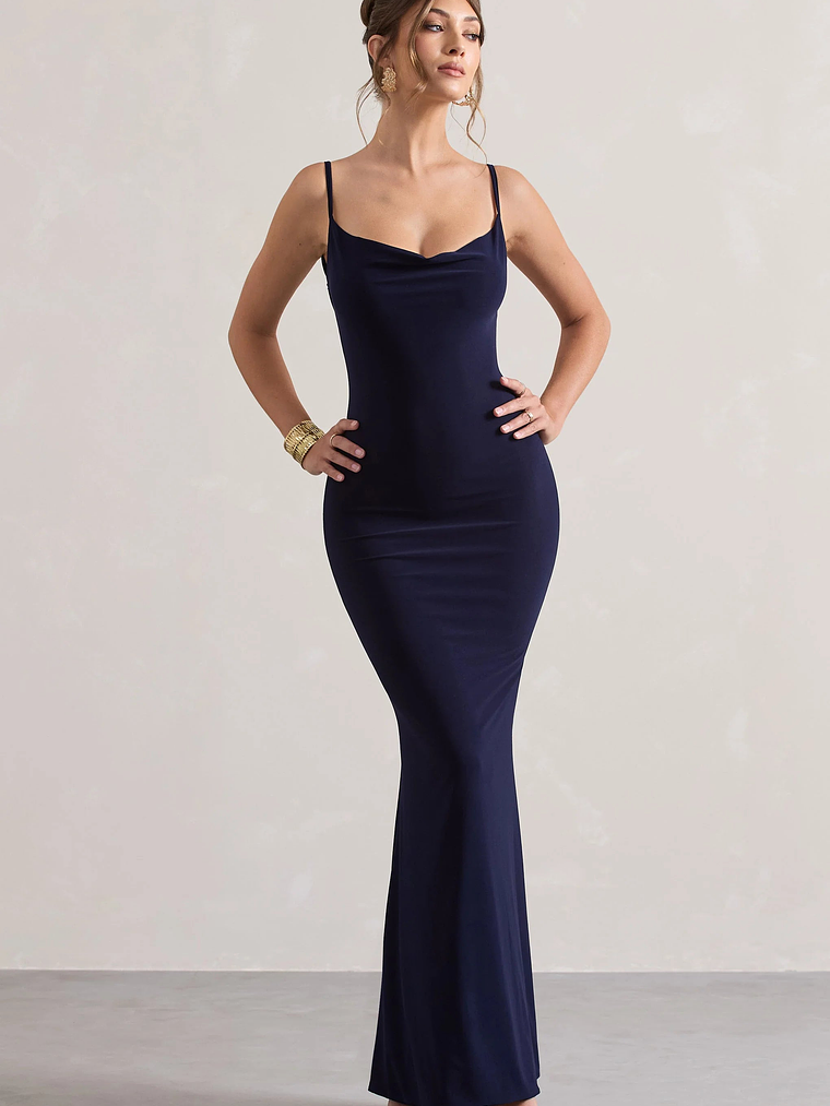 Francoise | Navy Cowl Neck Backless Maxi Dress With Lace Insert 5