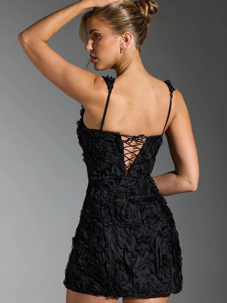 Floral-Appliqué Corset Mini Dress in Black 2