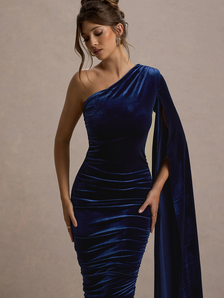 Gianna | Navy Velvet One Shoulder Cape Bodycon Midi Dress 3