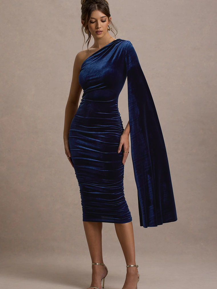 Gianna | Navy Velvet One Shoulder Cape Bodycon Midi Dress 4