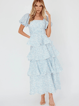 Giavana Puff Sleeve Layered Maxi Dress Floral Blue