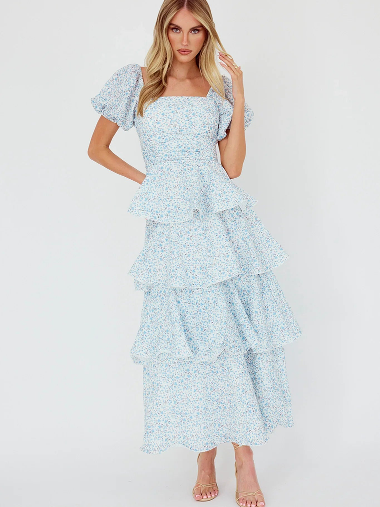 Giavana Puff Sleeve Layered Maxi Dress Floral Blue 1