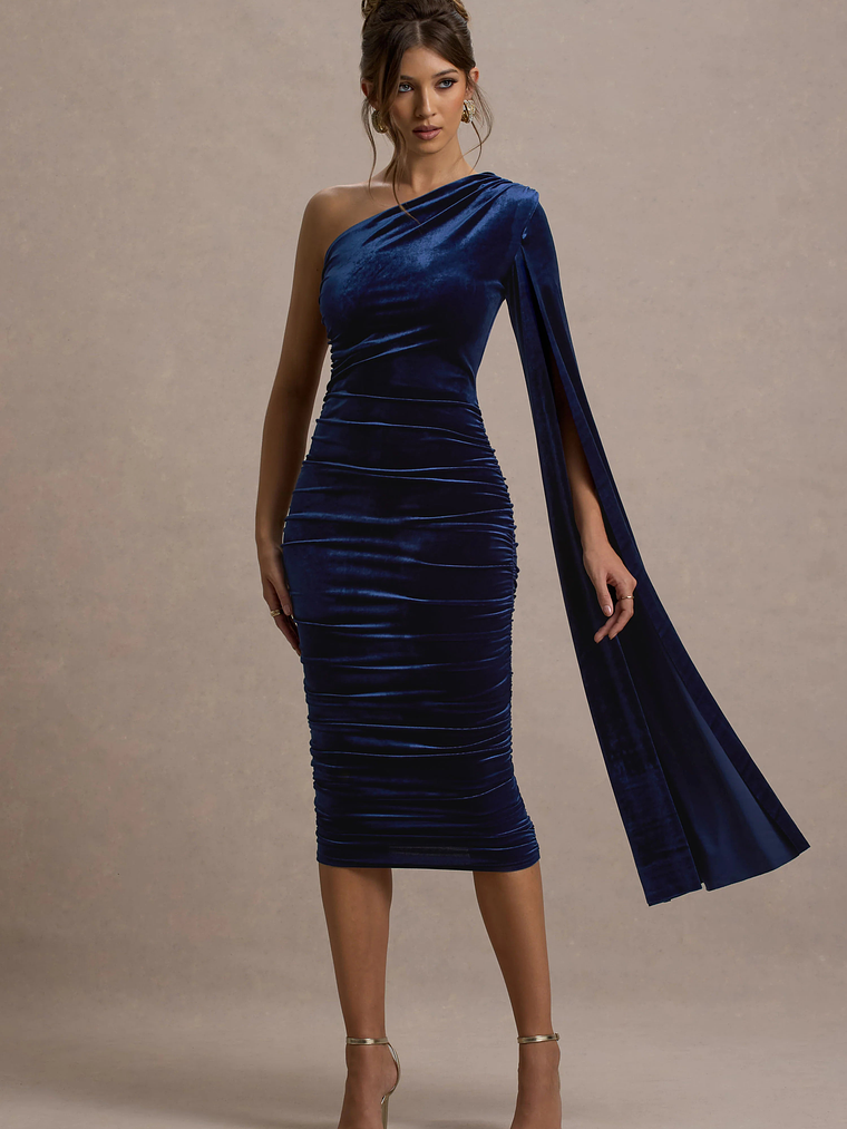 Gianna | Navy Velvet One Shoulder Cape Bodycon Midi Dress 5