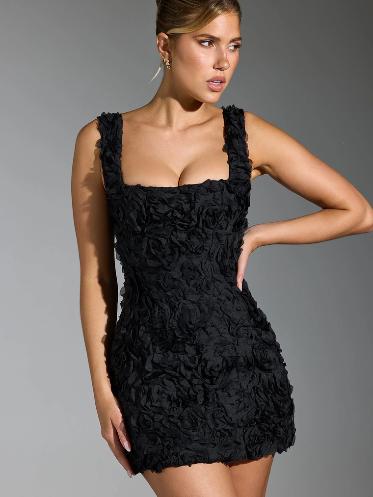Floral-Appliqué Corset Mini Dress in Black 8