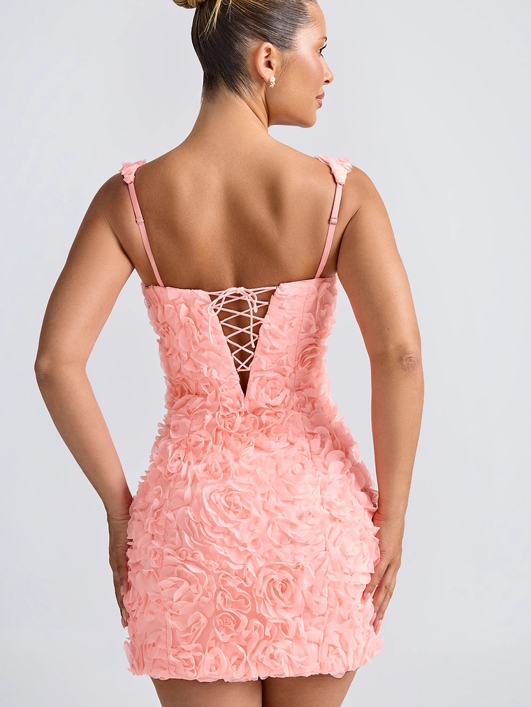 Floral-Appliqué Corset Mini Dress in Coral 2