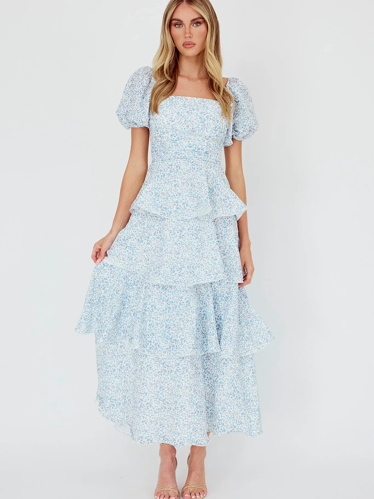 Giavana Puff Sleeve Layered Maxi Dress Floral Blue 5