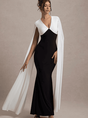 Grace Kelly | Black & White Plunge-Neck Maxi Dress With Cape Sleeves